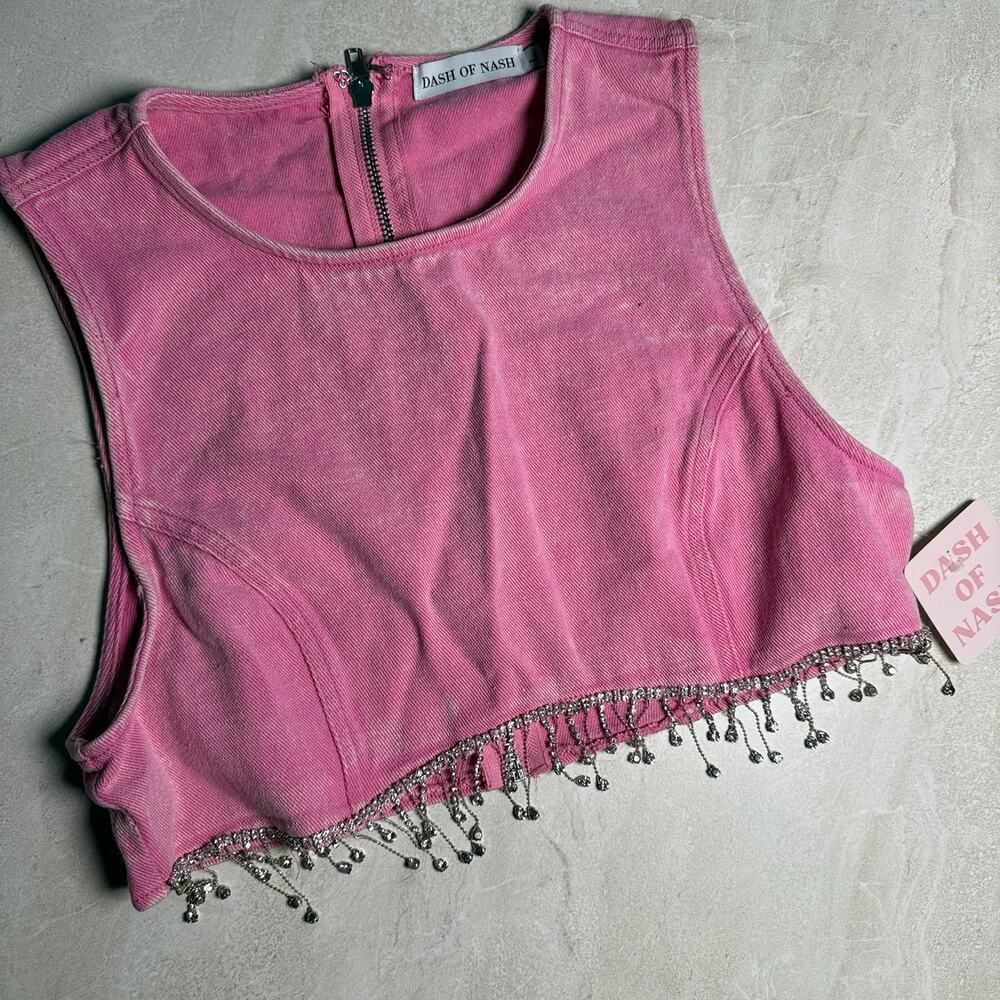 Dash Of Nash Denim Cotton Pink Washed Cropped Top Tank With Rhinestones L